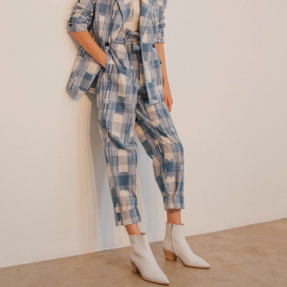 Robert Rodriquez Hollie Plaid Ruffle Paperbag Tie-Waist Trouser Pant Blue 6 - Picture 1 of 11